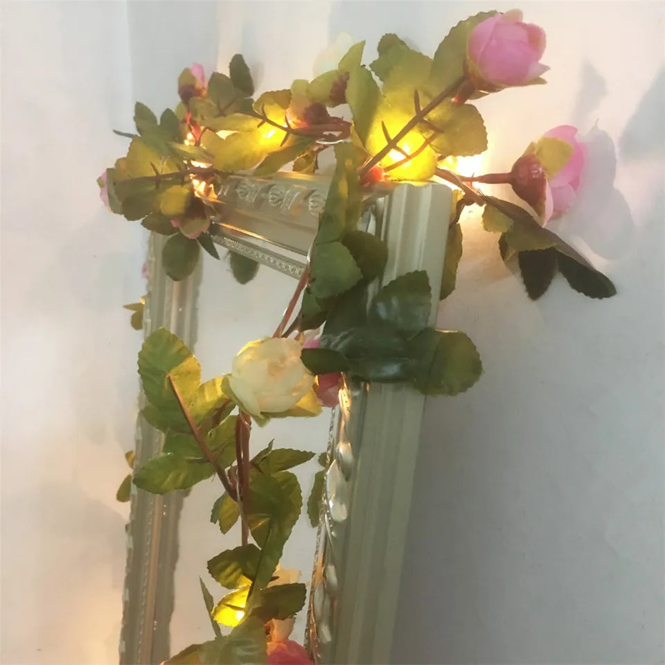 Pink Rose Flower Garland With Lights