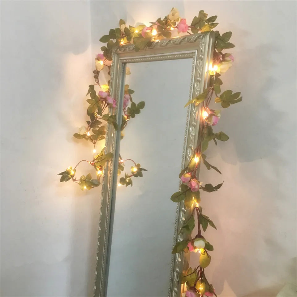 Pink Rose Flower Garland With Lights