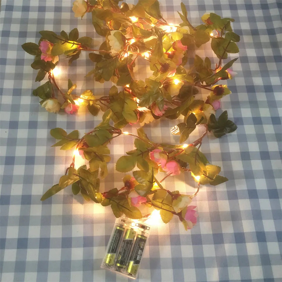 Pink Rose Flower Garland With Lights